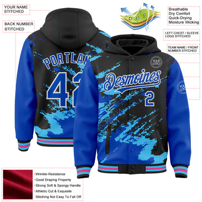 Custom Black Thunder Blue Sky Blue Pink-White Splash Art 3D Pattern Design Bomber Full-Snap Varsity Letterman Hoodie Jacket