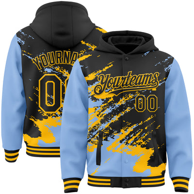 Custom Black Light Blue-Gold Splash Art 3D Pattern Design Bomber Full-Snap Varsity Letterman Hoodie Jacket