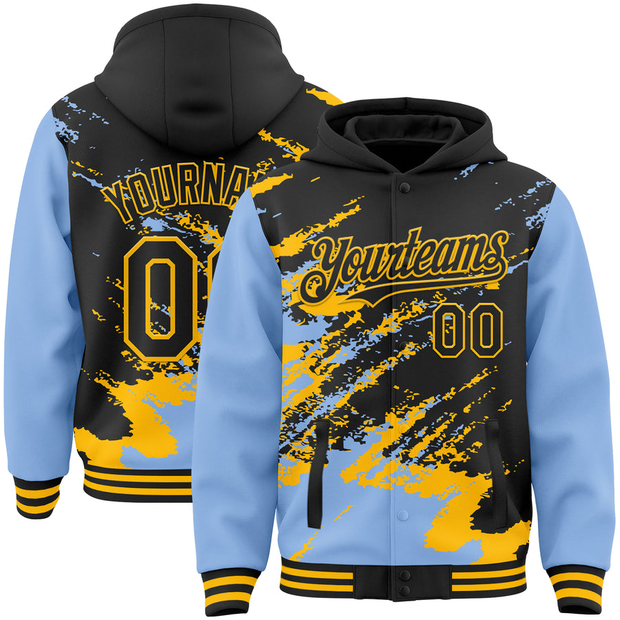 Custom Black Light Blue-Gold Splash Art 3D Pattern Design Bomber Full-Snap Varsity Letterman Hoodie Jacket
