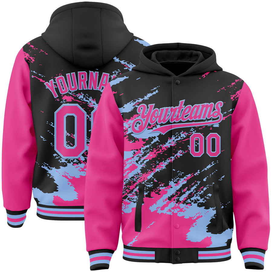 Custom Black Pink-Light Blue Splash Art 3D Pattern Design Bomber Full-Snap Varsity Letterman Hoodie Jacket