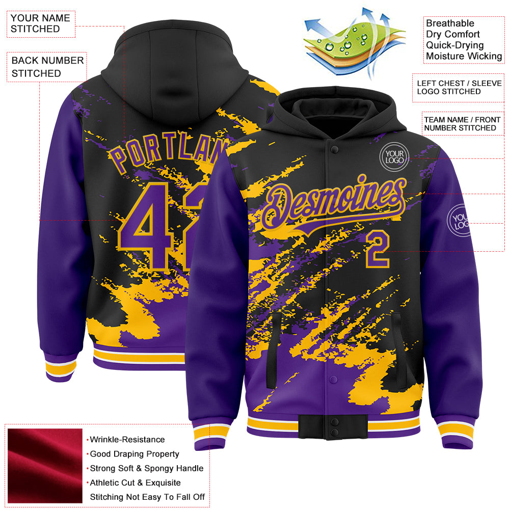 Custom Black Purple Gold-White Splash Art 3D Pattern Design Bomber Full-Snap Varsity Letterman Hoodie Jacket