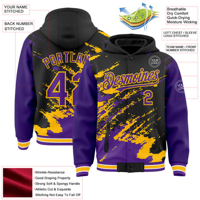 Custom Black Purple Gold-White Splash Art 3D Pattern Design Bomber Full-Snap Varsity Letterman Hoodie Jacket