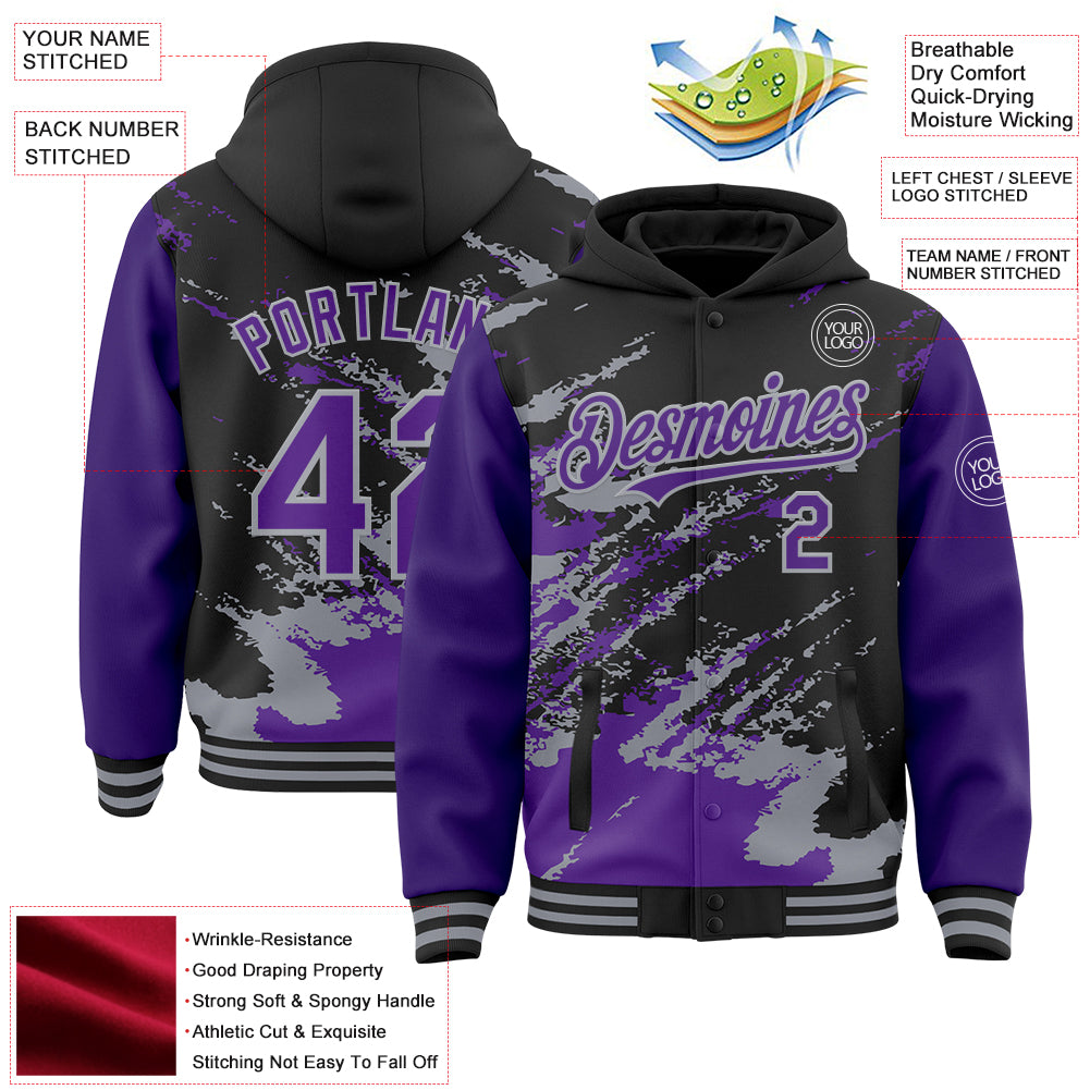 Custom Black Purple-Gray Splash Art 3D Pattern Design Bomber Full-Snap Varsity Letterman Hoodie Jacket