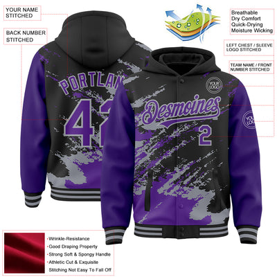 Custom Black Purple-Gray Splash Art 3D Pattern Design Bomber Full-Snap Varsity Letterman Hoodie Jacket