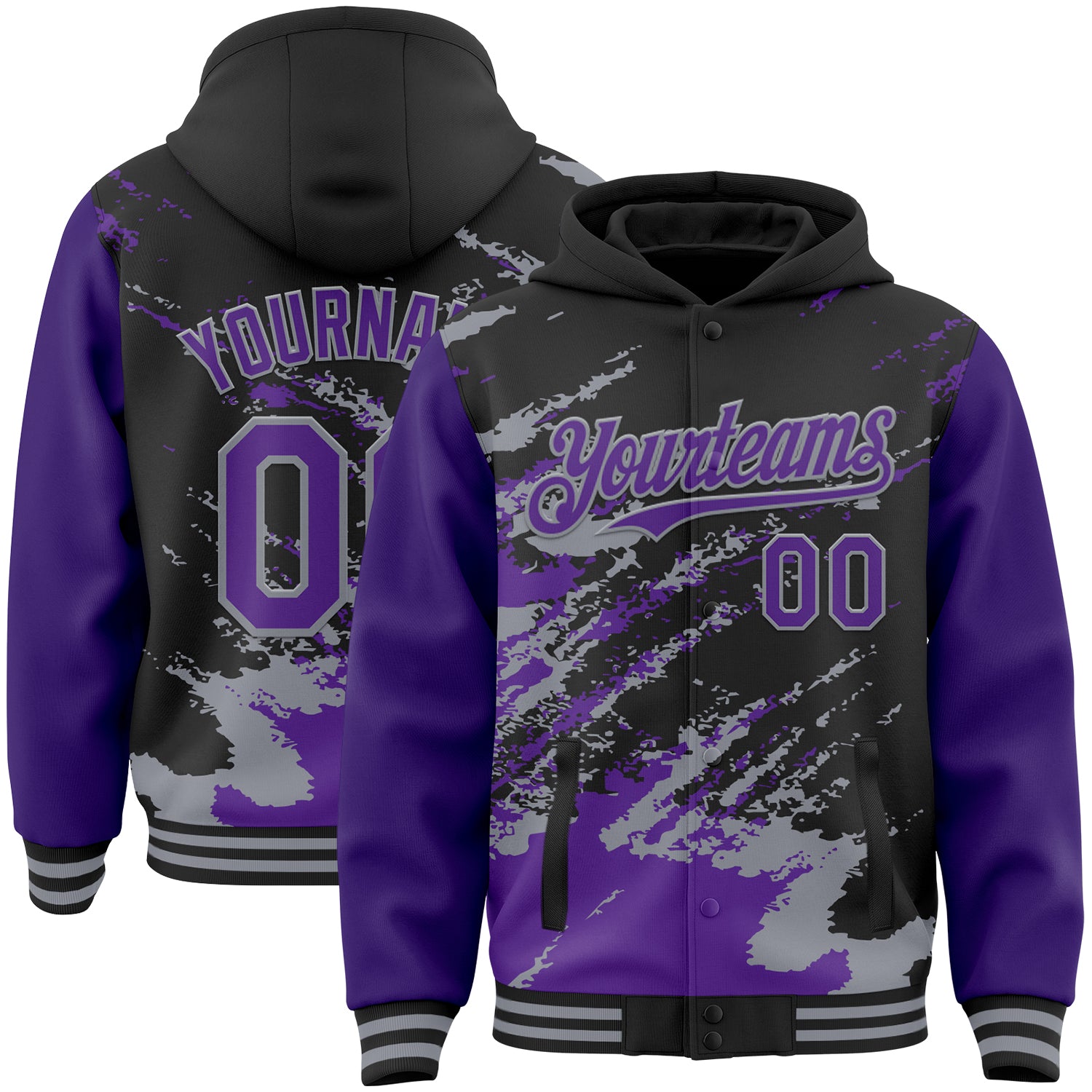 Custom Black Purple-Gray Splash Art 3D Pattern Design Bomber Full-Snap Varsity Letterman Hoodie Jacket