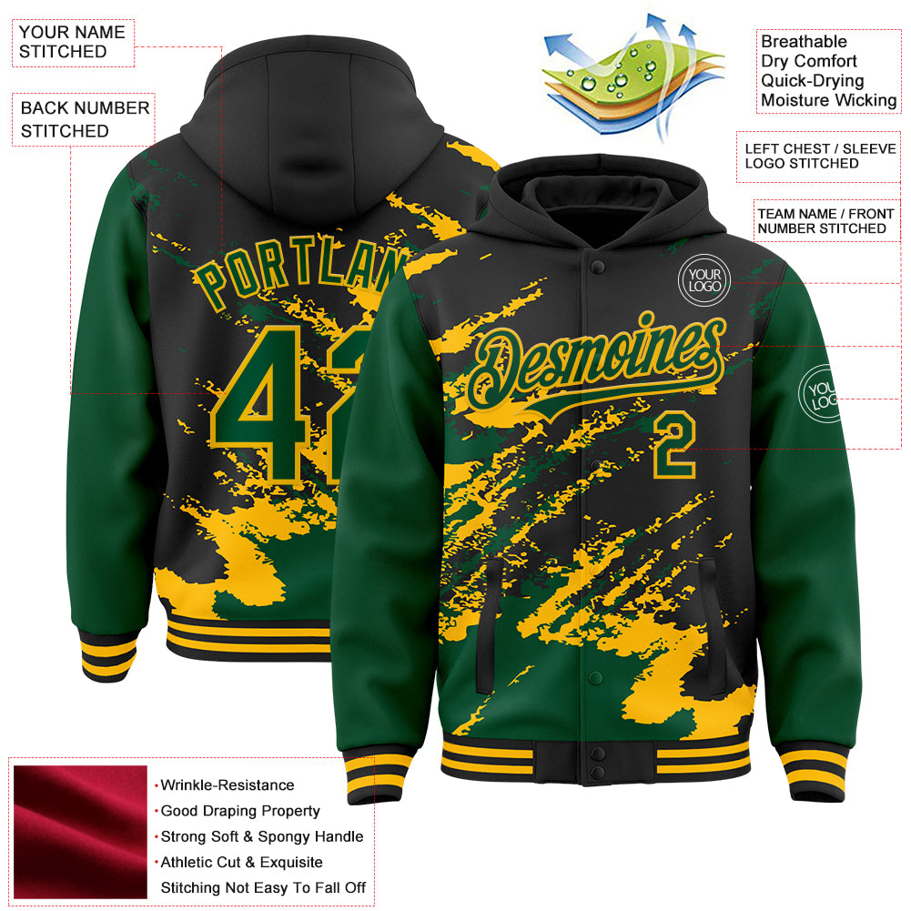 Custom Black Kelly Green-Gold Splash Art 3D Pattern Design Bomber Full-Snap Varsity Letterman Hoodie Jacket
