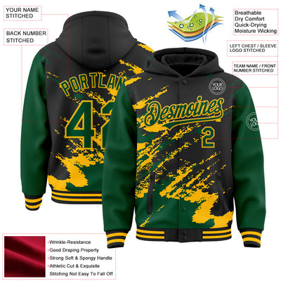 Custom Black Kelly Green-Gold Splash Art 3D Pattern Design Bomber Full-Snap Varsity Letterman Hoodie Jacket
