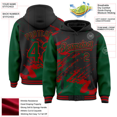 Custom Black Kelly Green-Red Splash Art 3D Pattern Design Bomber Full-Snap Varsity Letterman Hoodie Jacket