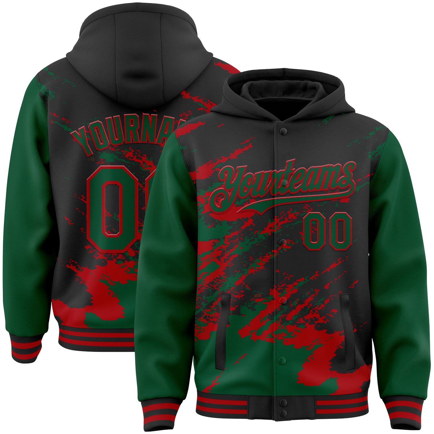 Custom Black Kelly Green-Red Splash Art 3D Pattern Design Bomber Full-Snap Varsity Letterman Hoodie Jacket