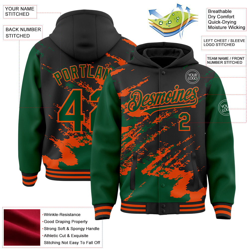 Custom Black Kelly Green-Orange Splash Art 3D Pattern Design Bomber Full-Snap Varsity Letterman Hoodie Jacket