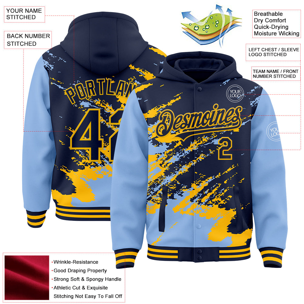 Custom Navy Light Blue-Gold Splash Art 3D Pattern Design Bomber Full-Snap Varsity Letterman Hoodie Jacket