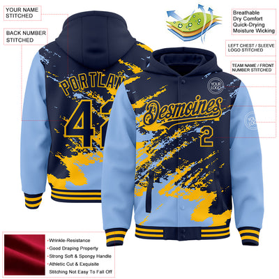 Custom Navy Light Blue-Gold Splash Art 3D Pattern Design Bomber Full-Snap Varsity Letterman Hoodie Jacket