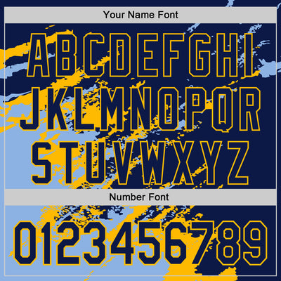 Custom Navy Light Blue-Gold Splash Art 3D Pattern Design Bomber Full-Snap Varsity Letterman Hoodie Jacket