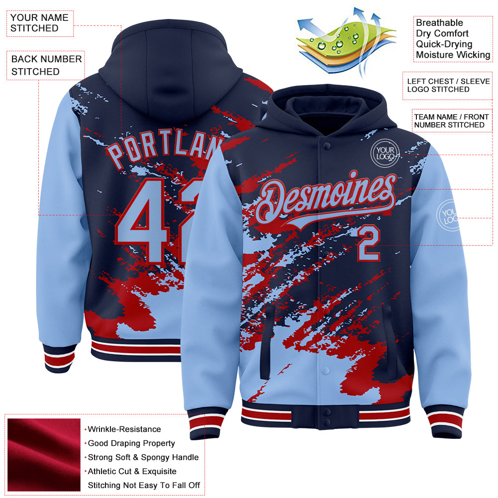 Custom Navy Light Blue Red-White Splash Art 3D Pattern Design Bomber Full-Snap Varsity Letterman Hoodie Jacket