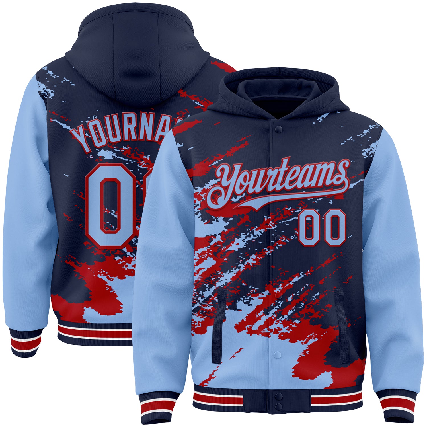 Custom Navy Light Blue Red-White Splash Art 3D Pattern Design Bomber Full-Snap Varsity Letterman Hoodie Jacket