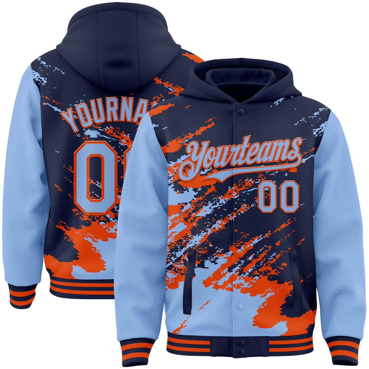 Custom Navy Light Blue-Orange Splash Art 3D Pattern Design Bomber Full-Snap Varsity Letterman Hoodie Jacket