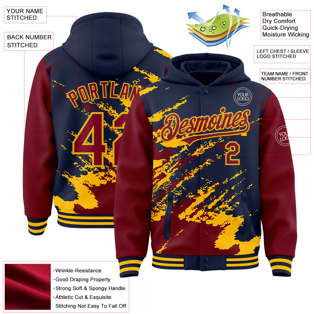 Custom Navy Crimson-Gold Splash Art 3D Pattern Design Bomber Full-Snap Varsity Letterman Hoodie Jacket