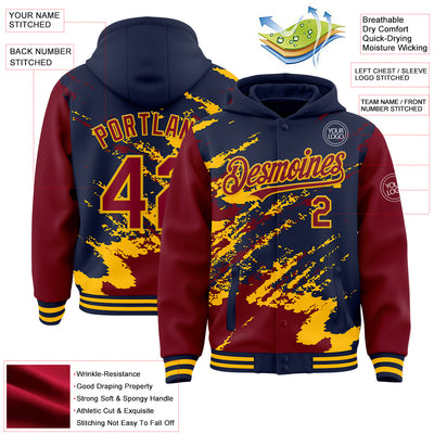 Custom Navy Crimson-Gold Splash Art 3D Pattern Design Bomber Full-Snap Varsity Letterman Hoodie Jacket
