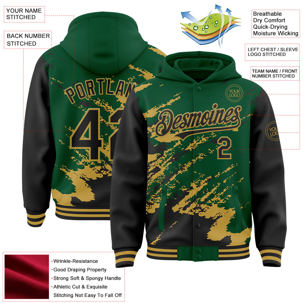 Custom Kelly Green Black-Old Gold Splash Art 3D Pattern Design Bomber Full-Snap Varsity Letterman Hoodie Jacket