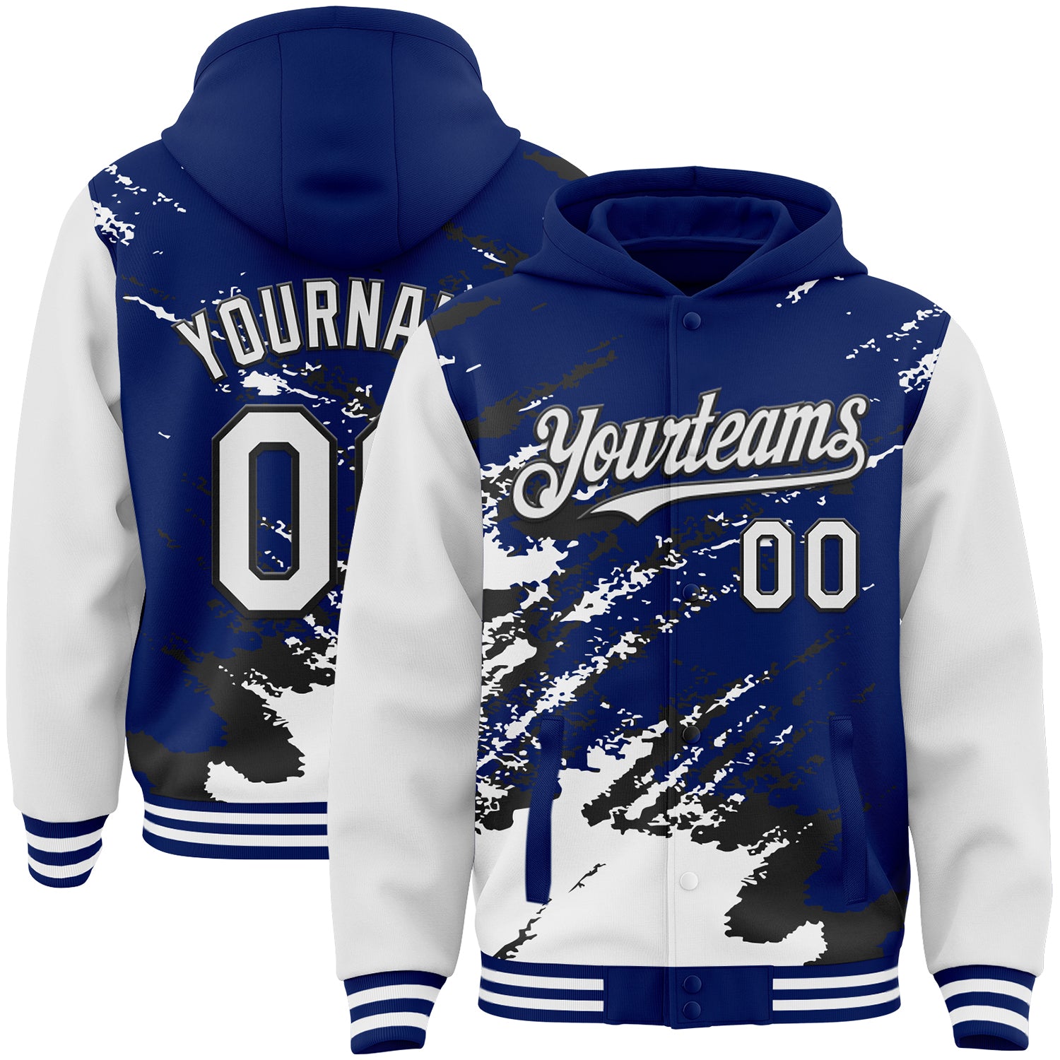 Custom Royal White-Black Splash Art 3D Pattern Design Bomber Full-Snap Varsity Letterman Hoodie Jacket