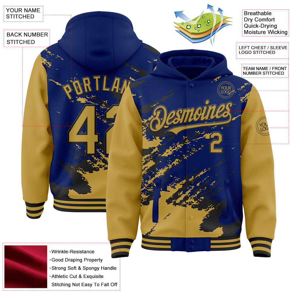 Custom Royal Old Gold-Black Splash Art 3D Pattern Design Bomber Full-Snap Varsity Letterman Hoodie Jacket