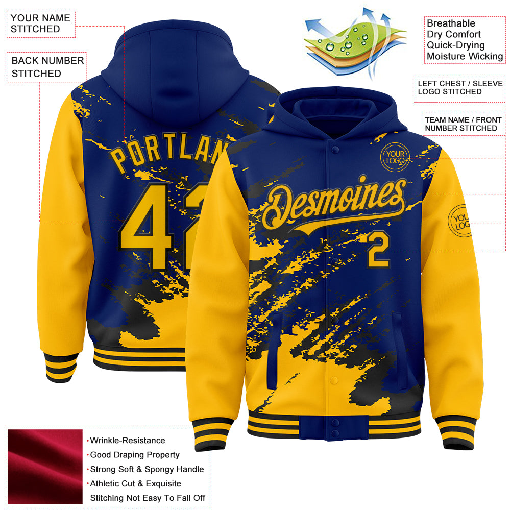 Custom Royal Gold-Black Splash Art 3D Pattern Design Bomber Full-Snap Varsity Letterman Hoodie Jacket