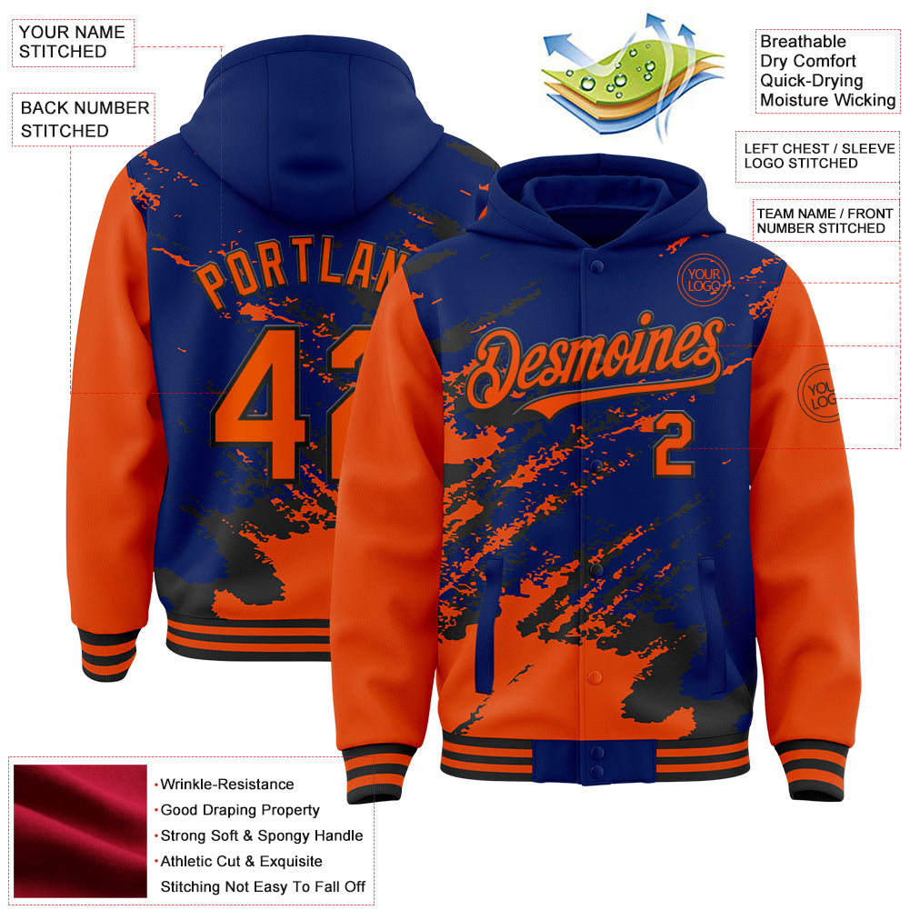 Custom Royal Orange-Black Splash Art 3D Pattern Design Bomber Full-Snap Varsity Letterman Hoodie Jacket