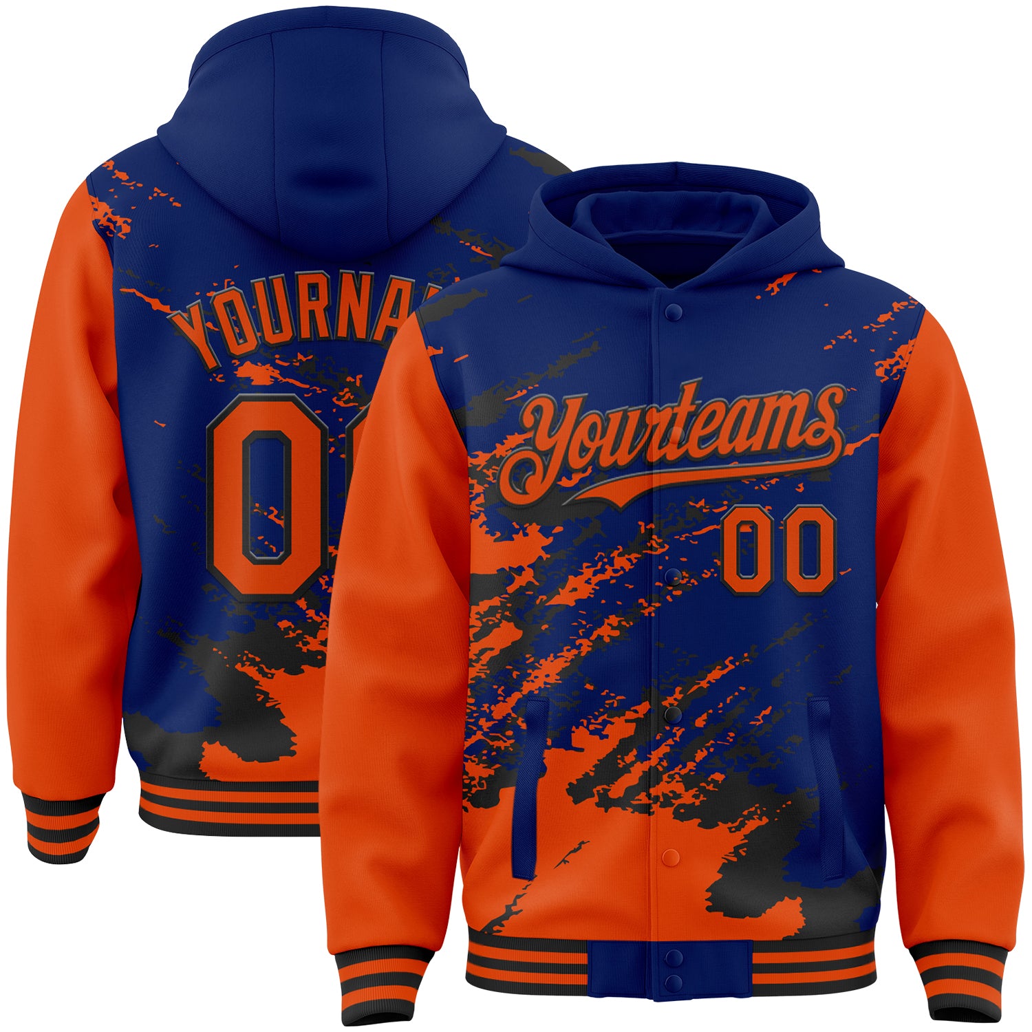 Custom Royal Orange-Black Splash Art 3D Pattern Design Bomber Full-Snap Varsity Letterman Hoodie Jacket