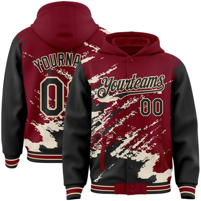 Custom Crimson Black-Cream Splash Art 3D Pattern Design Bomber Full-Snap Varsity Letterman Hoodie Jacket