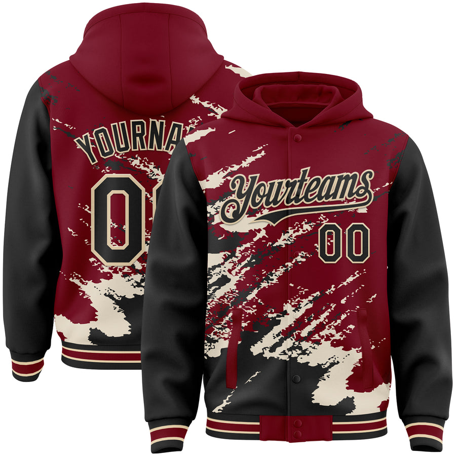 Custom Crimson Black-Cream Splash Art 3D Pattern Design Bomber Full-Snap Varsity Letterman Hoodie Jacket
