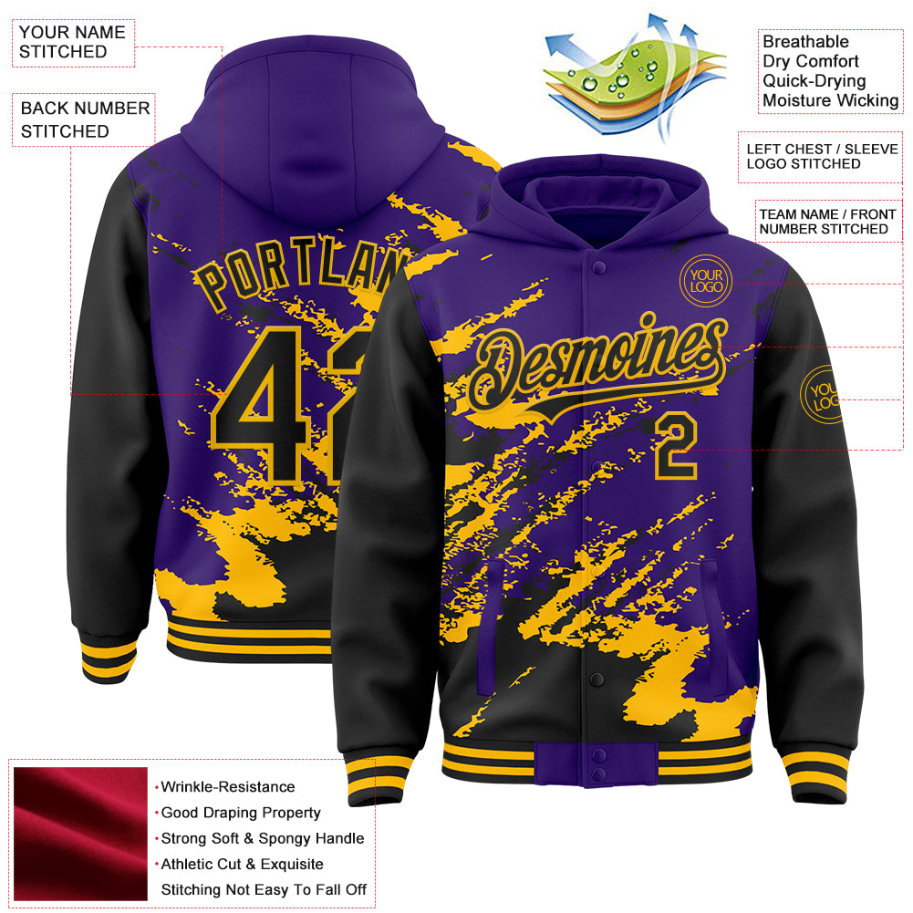 Custom Purple Black-Gold Splash Art 3D Pattern Design Bomber Full-Snap Varsity Letterman Hoodie Jacket