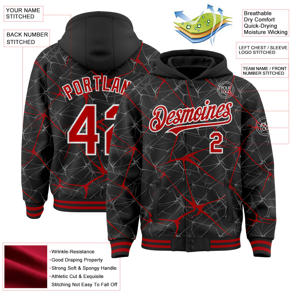 Custom Black Red-White Abstract Network 3D Pattern Design Bomber Full-Snap Varsity Letterman Hoodie Jacket