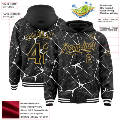 Custom Black White-Old Gold Abstract Network 3D Pattern Design Bomber Full-Snap Varsity Letterman Hoodie Jacket