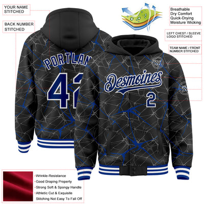 Custom Black Royal-White Abstract Network 3D Pattern Design Bomber Full-Snap Varsity Letterman Hoodie Jacket