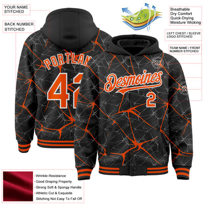 Custom Black Orange-White Abstract Network 3D Pattern Design Bomber Full-Snap Varsity Letterman Hoodie Jacket