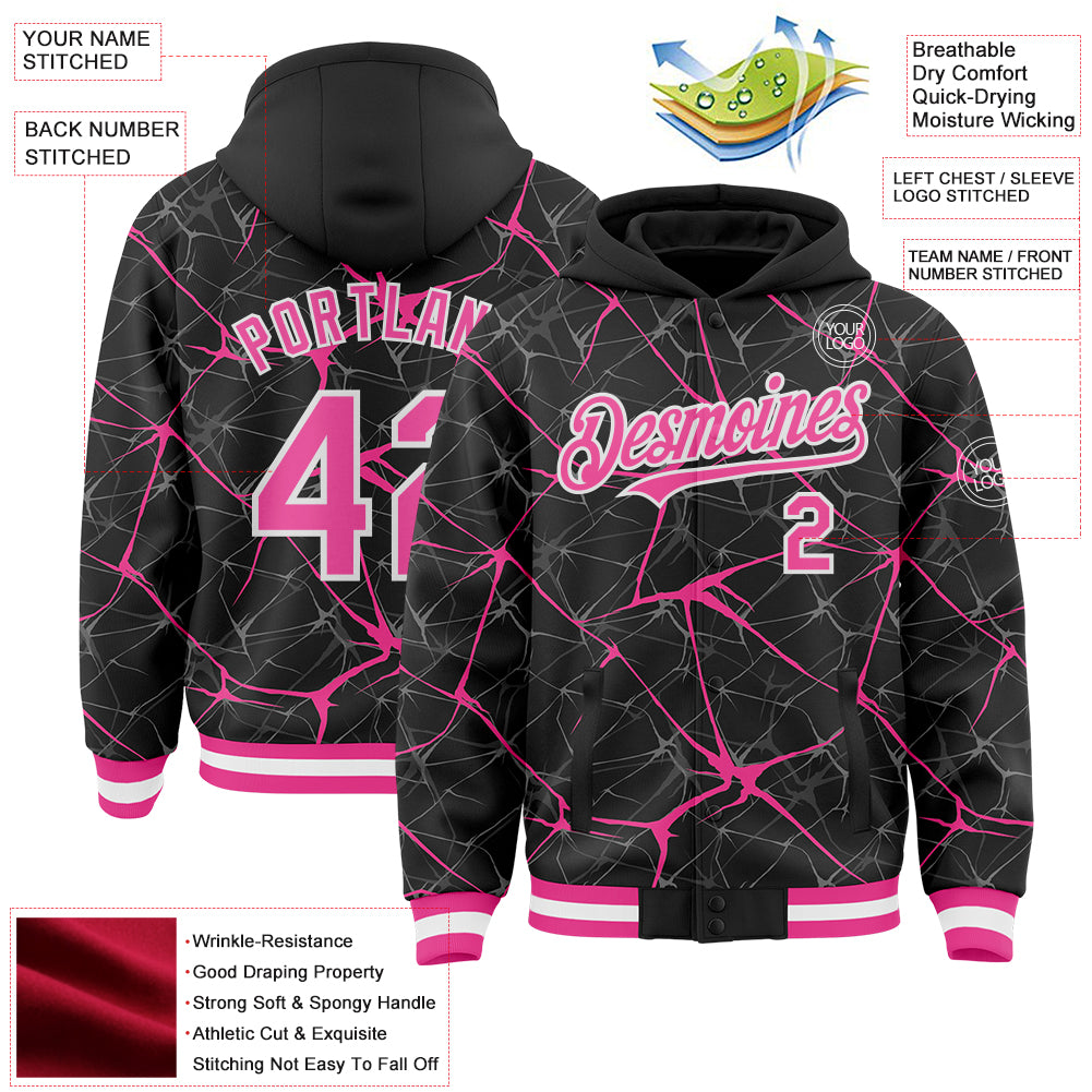 Custom Black Pink-White Abstract Network 3D Pattern Design Bomber Full-Snap Varsity Letterman Hoodie Jacket