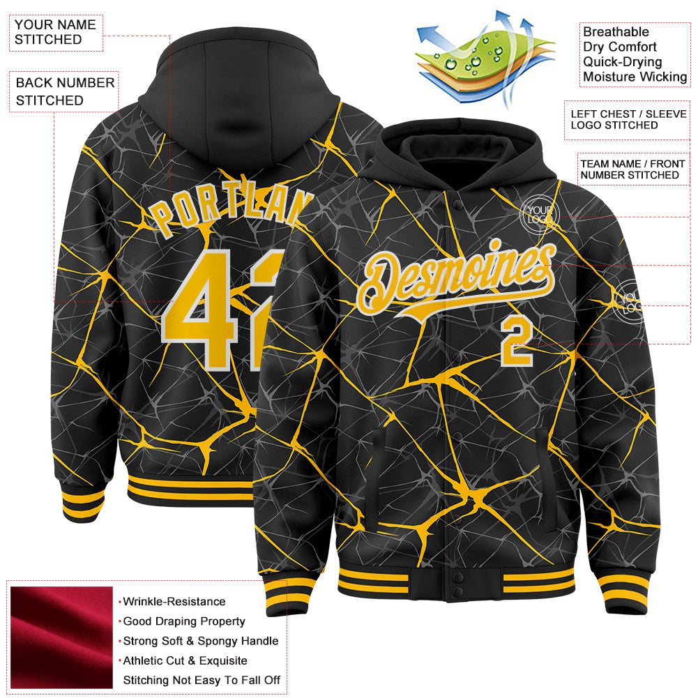 Custom Black Gold-White Abstract Network 3D Pattern Design Bomber Full-Snap Varsity Letterman Hoodie Jacket