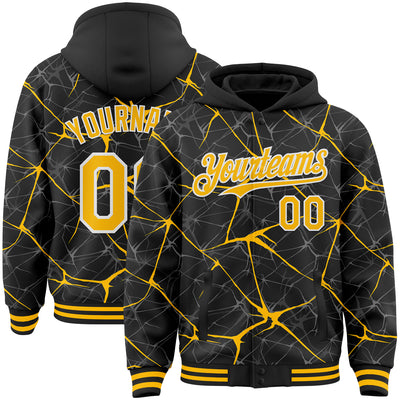 Custom Black Gold-White Abstract Network 3D Pattern Design Bomber Full-Snap Varsity Letterman Hoodie Jacket