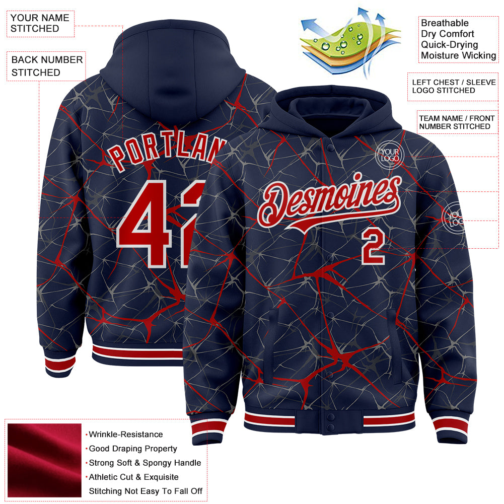 Custom Navy Red-White Abstract Network 3D Pattern Design Bomber Full-Snap Varsity Letterman Hoodie Jacket