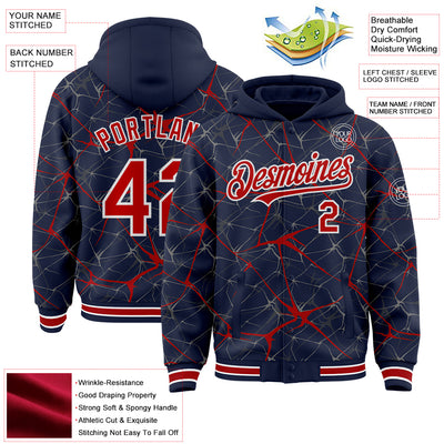 Custom Navy Red-White Abstract Network 3D Pattern Design Bomber Full-Snap Varsity Letterman Hoodie Jacket