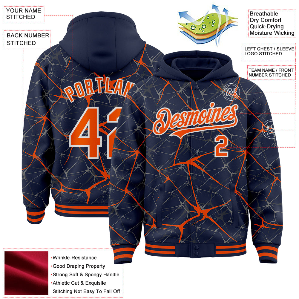 Custom Navy Orange-White Abstract Network 3D Pattern Design Bomber Full-Snap Varsity Letterman Hoodie Jacket