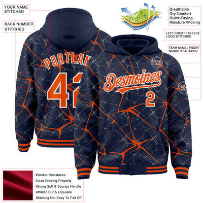Custom Navy Orange-White Abstract Network 3D Pattern Design Bomber Full-Snap Varsity Letterman Hoodie Jacket
