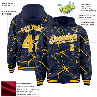 Custom Navy Gold-White Abstract Network 3D Pattern Design Bomber Full-Snap Varsity Letterman Hoodie Jacket