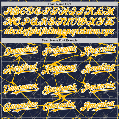 Custom Navy Gold-White Abstract Network 3D Pattern Design Bomber Full-Snap Varsity Letterman Hoodie Jacket