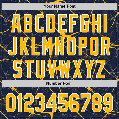 Custom Navy Gold-White Abstract Network 3D Pattern Design Bomber Full-Snap Varsity Letterman Hoodie Jacket