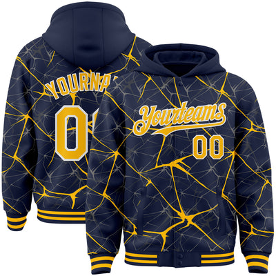 Custom Navy Gold-White Abstract Network 3D Pattern Design Bomber Full-Snap Varsity Letterman Hoodie Jacket