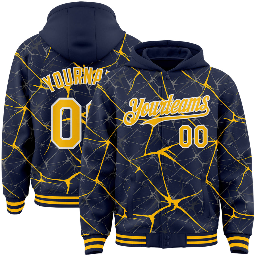 Custom Navy Gold-White Abstract Network 3D Pattern Design Bomber Full-Snap Varsity Letterman Hoodie Jacket