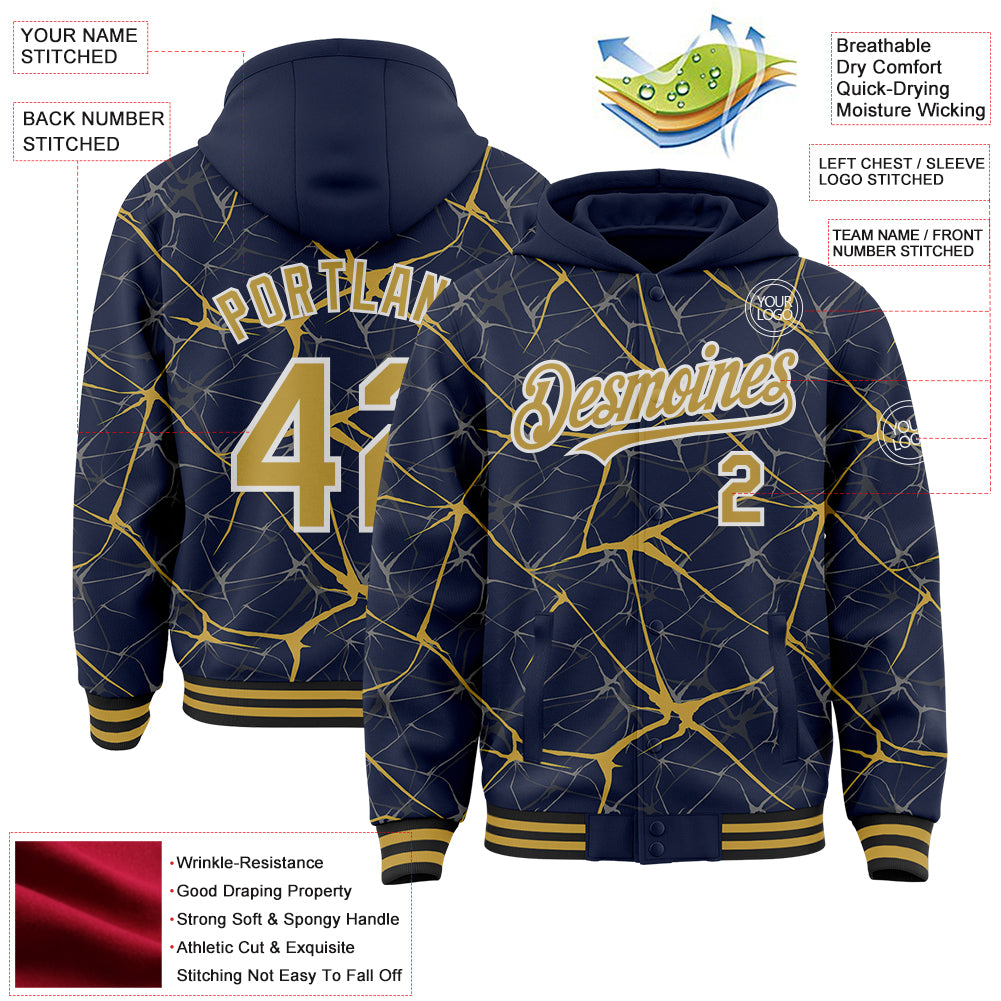 Custom Navy Old Gold-White Abstract Network 3D Pattern Design Bomber Full-Snap Varsity Letterman Hoodie Jacket