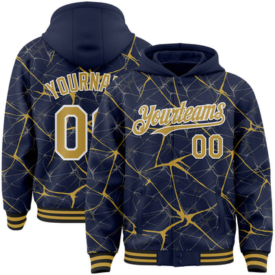 Custom Navy Old Gold-White Abstract Network 3D Pattern Design Bomber Full-Snap Varsity Letterman Hoodie Jacket