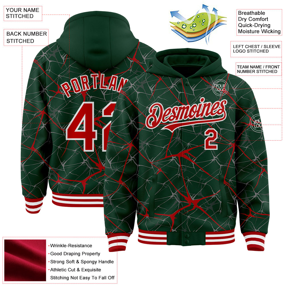 Custom Green Red-White Abstract Network 3D Pattern Design Bomber Full-Snap Varsity Letterman Hoodie Jacket